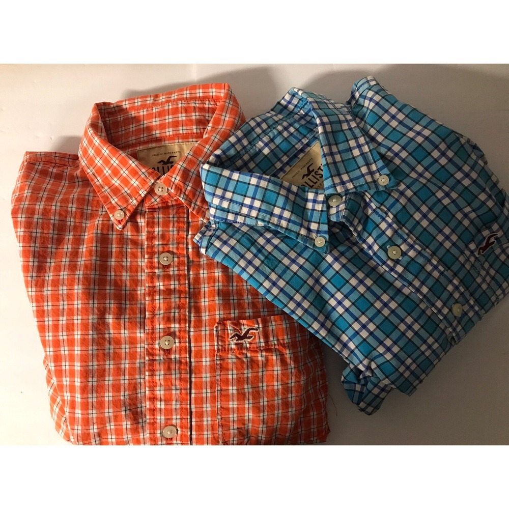 Hollister Button Down Shirt Mens L Orange Blue Plaid Long Sleeve Lot 2
